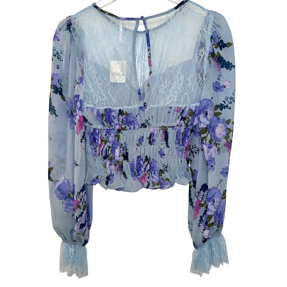 Free People Daphne Floral Lace Blouse Blue Combo NWT Small - Picture 7 of 13